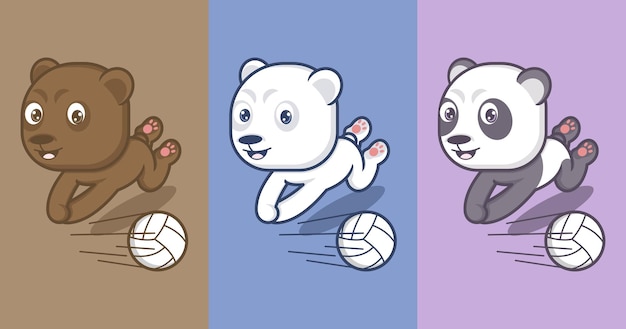 Ursos bonitos dos desenhos animados, pandas e ursos polares jogando vôlei
