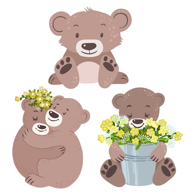 Vetor ursos com buquês de flores amarelas