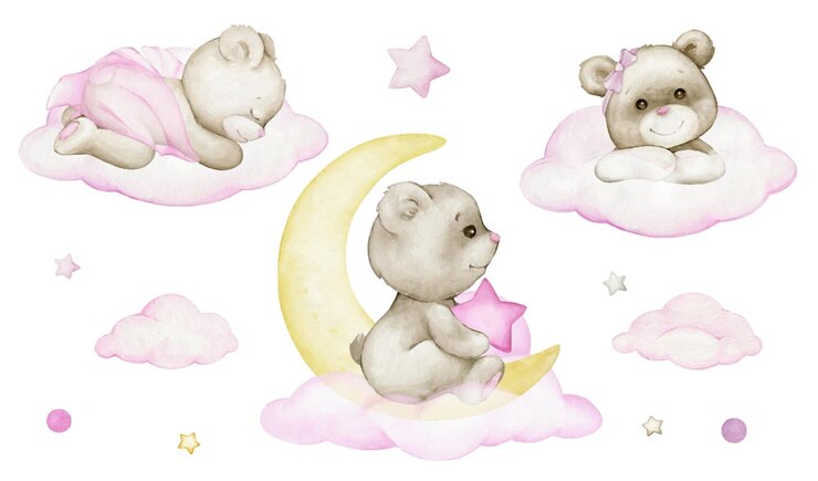 Ursos de pelúcia fofos nuvens lua estrelas um conjunto aquarela de cliparts estilo cartoon em um fundo isolado