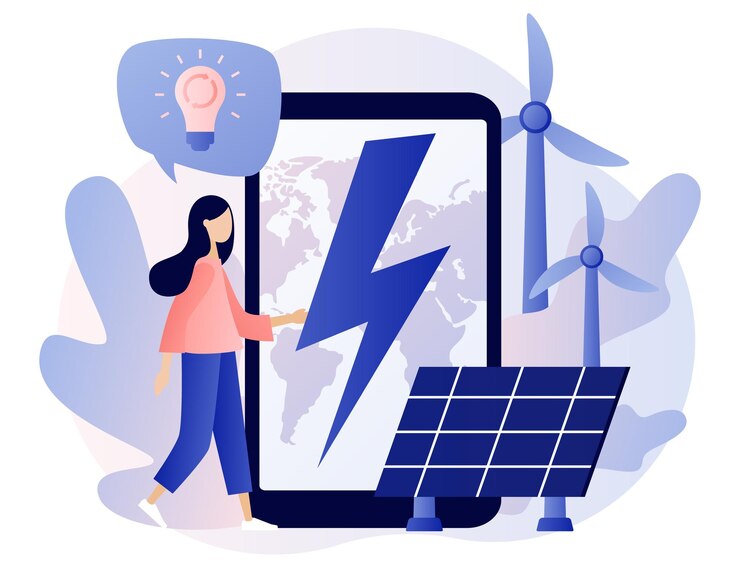 Usina de energia renovável com painéis solares e moinhos de vento Mulher minúscula com smartphone grande