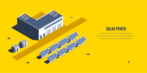 Usina de energia solar isométrica. conceito 3d de energia renovável