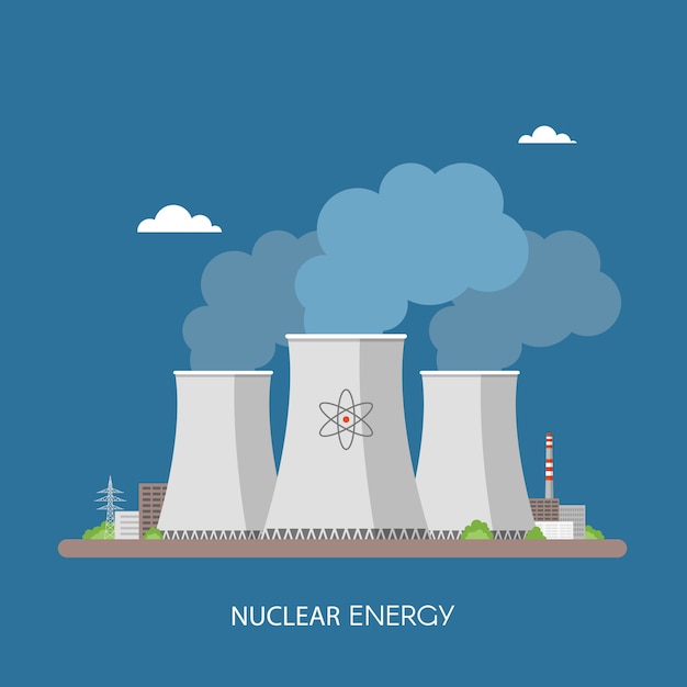 Vetor usina nuclear e fábrica. conceito industrial de energia nuclear. ilustração em estilo simples.
