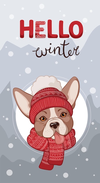 Vetor ute bulldog usando chapéu de inverno vermelho e cachecol de malha. texto hello winter.cartão de ano novo, camiseta, pôster
