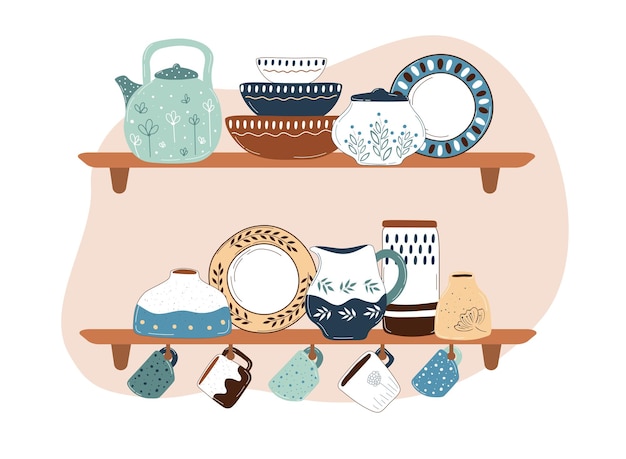 Utensílios de cozinha de cerâmica nas prateleiras utensílios de mesa feitos à mão para design de decoração coleção de utensílios de cozinha e louça ilustração vetorial desenhada à mão