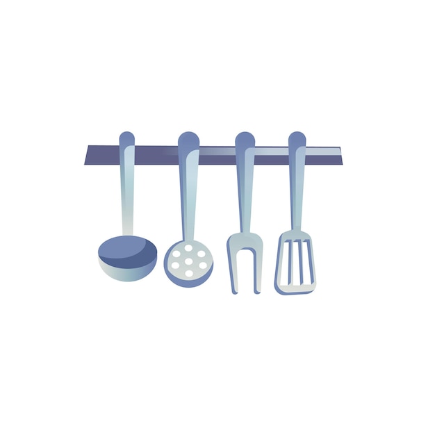 Utensílios de cozinha de desenho vetorial plano e utensílios de cozinha em ganchos isolados em um fundo vazio - móveis modernos para casa, conceito de elementos interiores de eletrodomésticos, design de banner de site da web