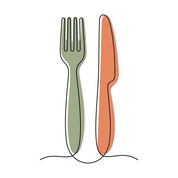 Vetor utensílios de cozinha de garfo e faca linha contínua ilustração vetorial colorida