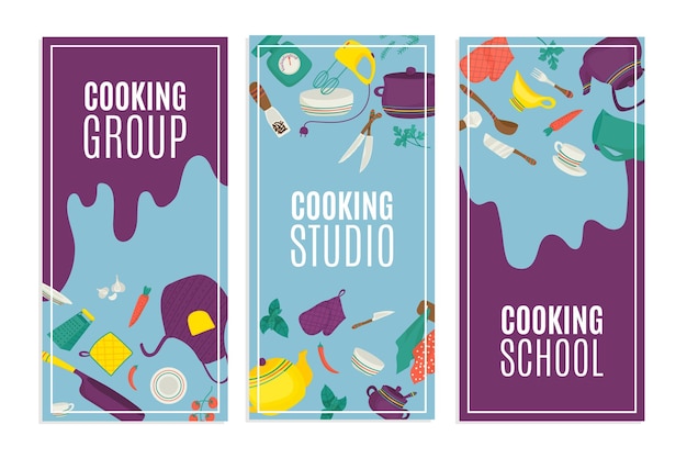 Utensílios de cozinha e banners de cozinha definir ilustração vetorial comida e receita utensílios de cozinha especiarias na bancada da mesa