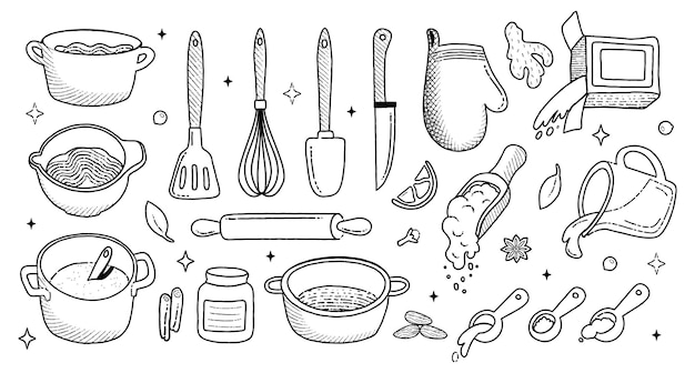 Vetor utensílios de cozinha e ingredientes de cozinha grande conjunto de ícones utensílio de cozinha menu caseiro bonito