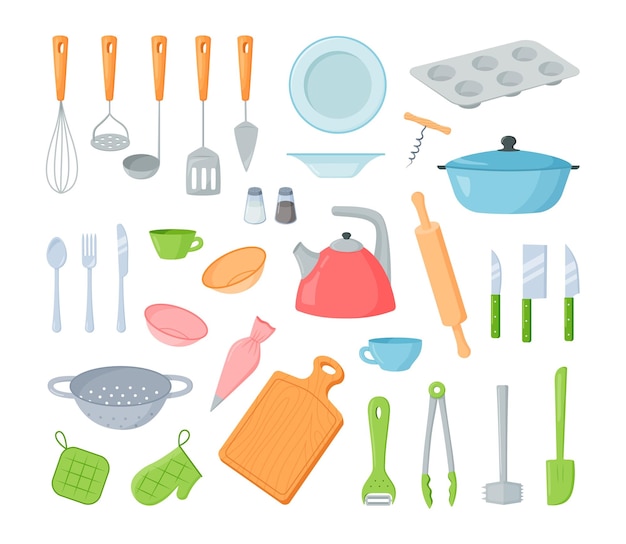 Utensílios de cozinha Ferramentas de cozinha de desenho animado e utensílios de cozinha pratos copos panelas potes e facas Conjunto vetorial