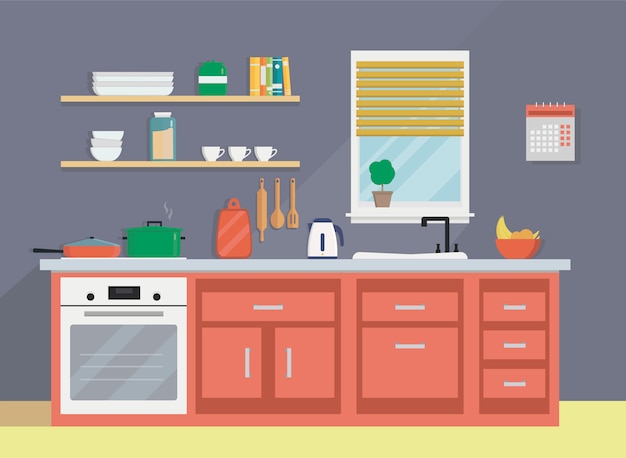 Utensílios de cozinha, pia, chaleira, pratos e móveis. arte em casa. ilustração em vetor estilo simples