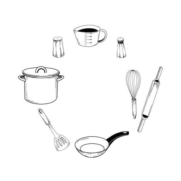 utensílios de cozinha uma panela de cozinha copos de medição um batedor um rolo de rolamento uma frigideira sal e pimenta todos os objetos são desenhados em vetor em preto para impressão em tecido papel adesivos design