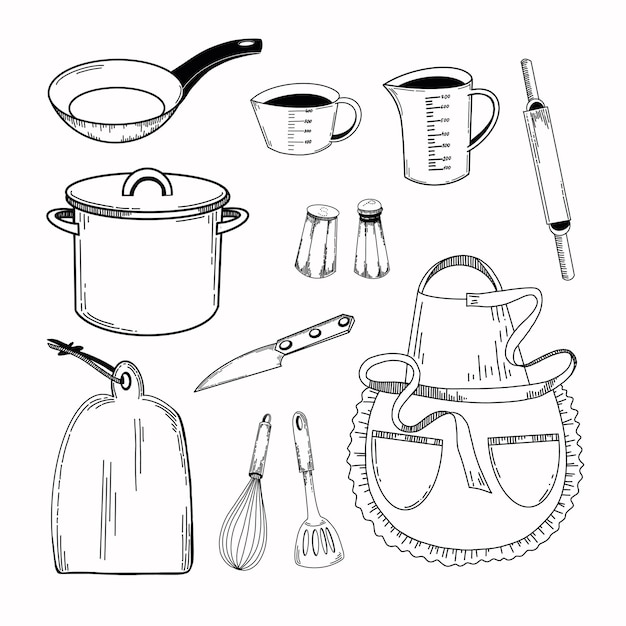 utensílios de cozinha uma panela uma frigideira com um punho preto um copo medidor um batedor uma faca uma tábua de cortar um salineiro um rolo de moinho de pimenta para massa para fogão de cozinha têxteis de design