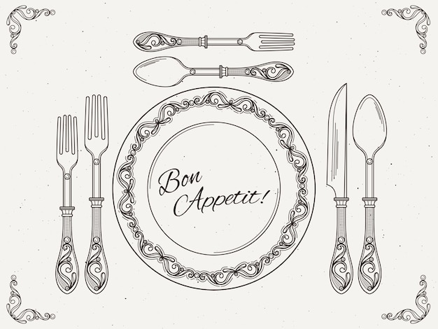 Utensílios de mesa de banquete. prato vintage com colher, garfo e faca. símbolos de comer no poster retro vector