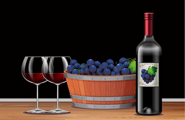 Uva e vinho tinto na mesa