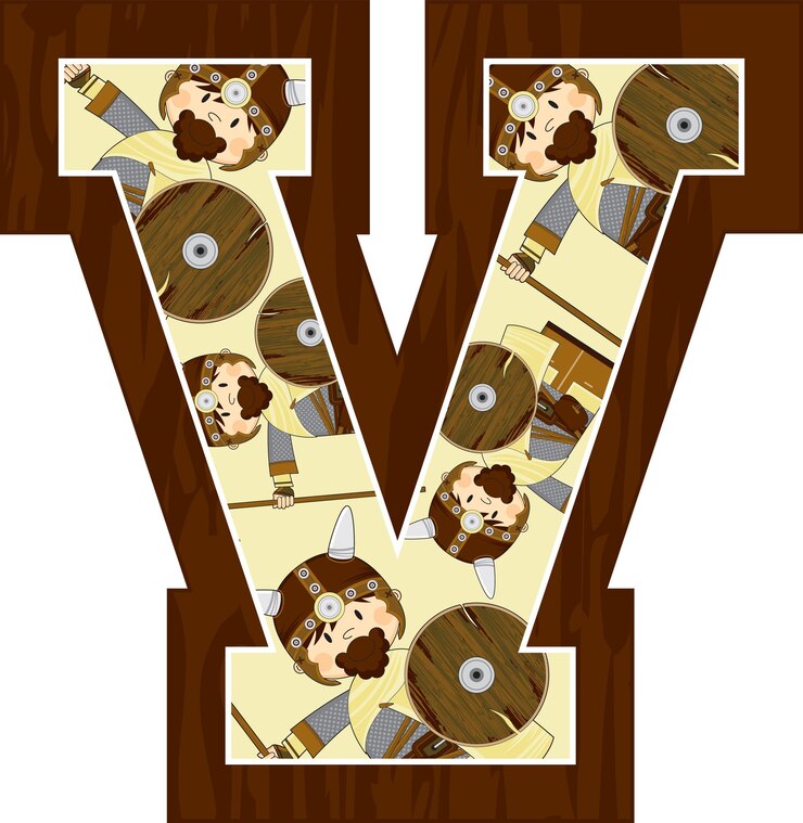 Vetor v é para ilustração educacional de aprendizagem do alfabeto viking