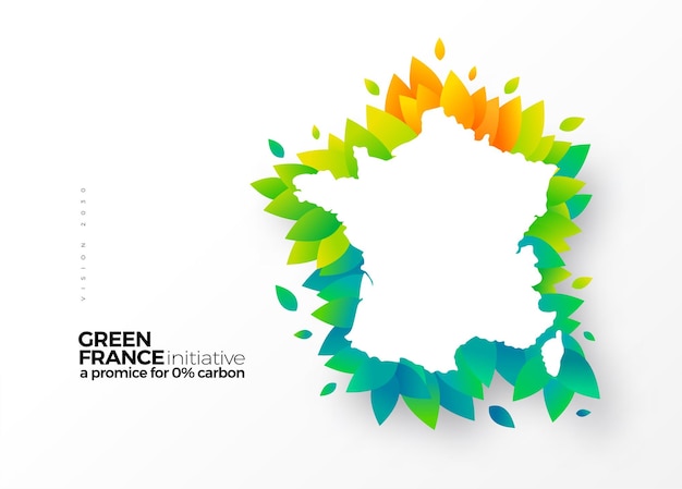 Vá para o design gráfico da iniciativa de remoção de carbono verde Mapa da França com folhas verdes