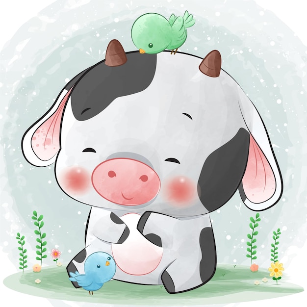 Vaca aquarela bonita com pássaro pode ser usada para cartões, convites para festas e chá de bebê