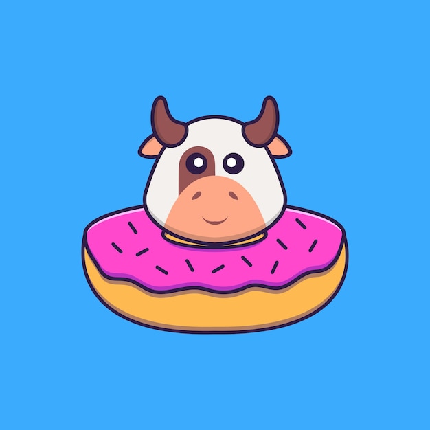 Vaca bonita com uma rosquinha no pescoço. conceito de desenho animado animal isolado. estilo flat cartoon