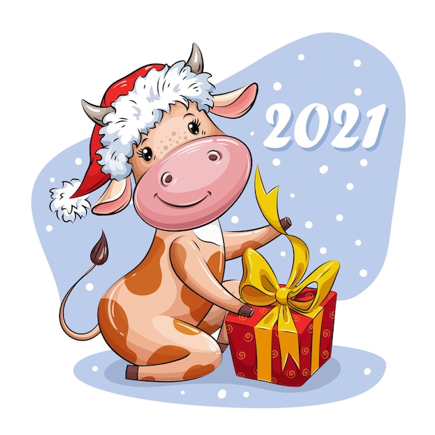 Vaca bonita dos desenhos animados no chapéu de papai noel abre o presente de natal. símbolo de 2021 anos. personagem de natal. v