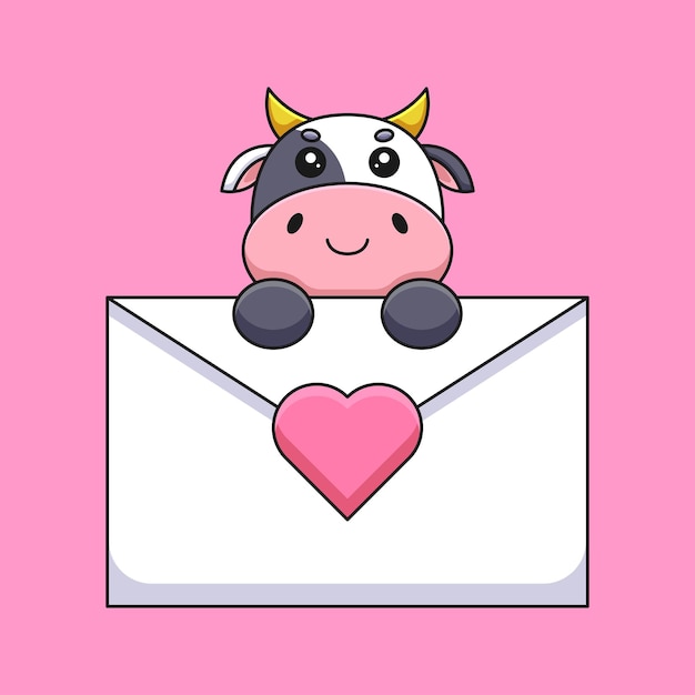 Vaca bonita segurando uma carta de amor mascote dos desenhos animados doodle arte mão desenhada contorno conceito vetor ilustração ícone kawaii