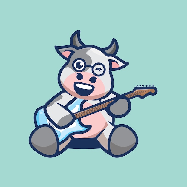 Vetor vaca bonita tocando ilustração de desenho animado de mascote de guitarra