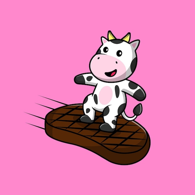 Vaca bonitinha surfando com ilustração de ícones vetoriais dos desenhos animados de carne de bife