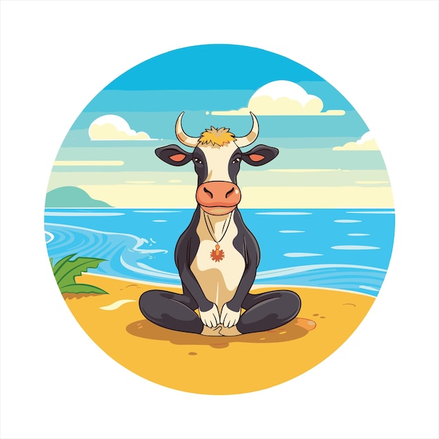 Vetor vaca bonito engraçado desenho animado kawaii aquarela yoga praia verão animal animal de estimação adesivo ilustração