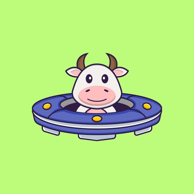 Vaca bonito que conduz a nave espacial ovni. conceito de desenho animado animal isolado. estilo flat cartoon