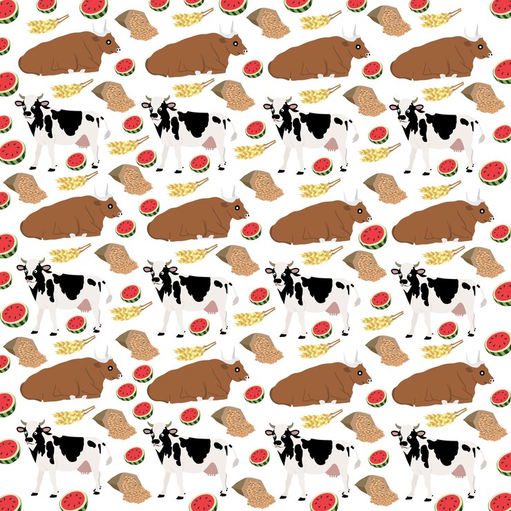 Vetor vaca com frutas como fundo de padrão