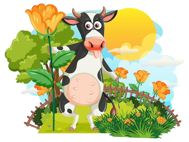 Vaca de desenho animado no campo de flores