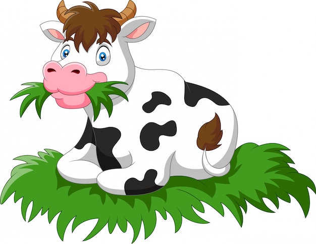 Vetor vaca de desenho animado sente-se comendo grama