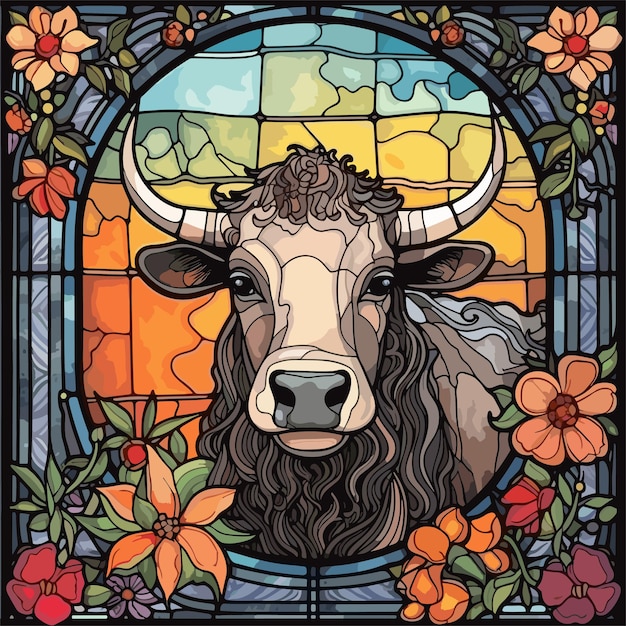 Vetor vaca de pé em frente a uma janela de vidro manchada paisagem de fazenda