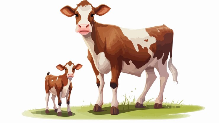 Vetor vaca e bezerro encantadores na fazenda imagem vetorial de desenho animado