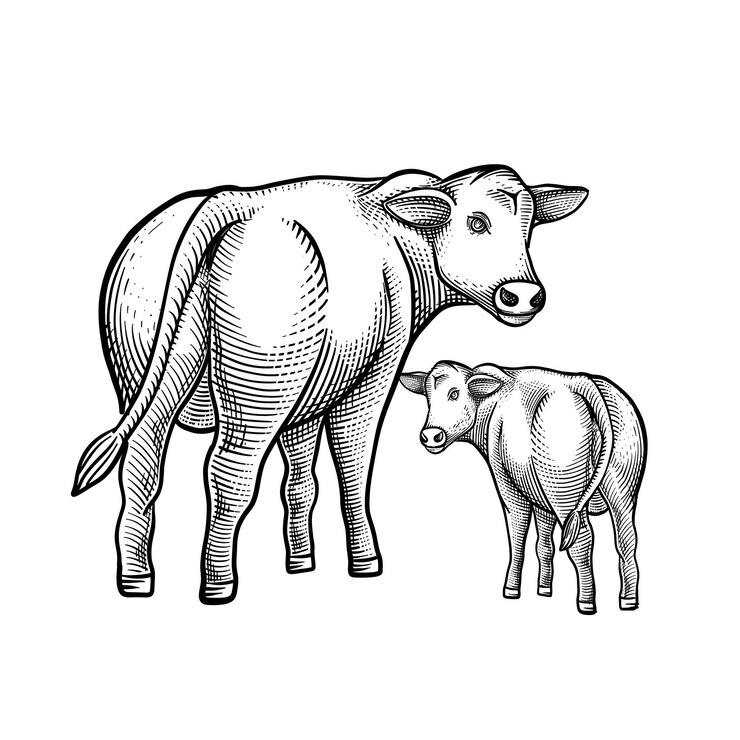 Vetor vaca e bezerro isolados no fundo branco. ilustração vetorial de gravura desenhada à mão