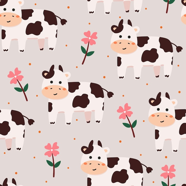 vaca e flor de desenho animado sem costura padrão