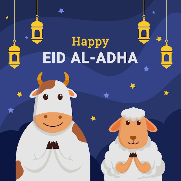 Vaca e ovelha felizes celebrando o dia sagrado eid al adha.