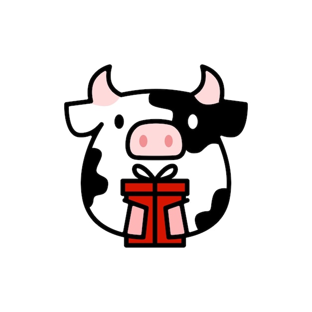 Vaca está segurando presente de aniversário logotipo cartoon mascote personagem vetor ícone ilustração
