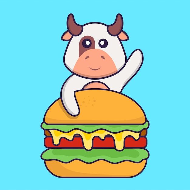 Vaca fofa comendo hambúrguer. conceito de desenho animado animal isolado.