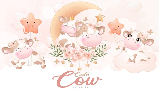 Vaca fofa doodle com conjunto floral e ilustração em aquarela