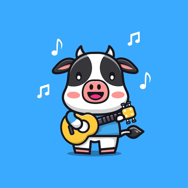 Vaca fofa tocando guitarra ilustração de personagem de desenho animado