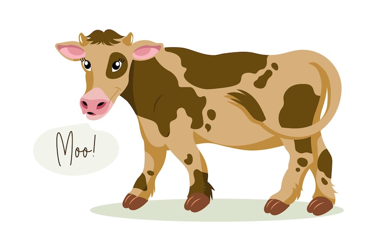 Vetor vaca malhada bonita com a palavra moo ilustração infantil em vetor de estilo plano