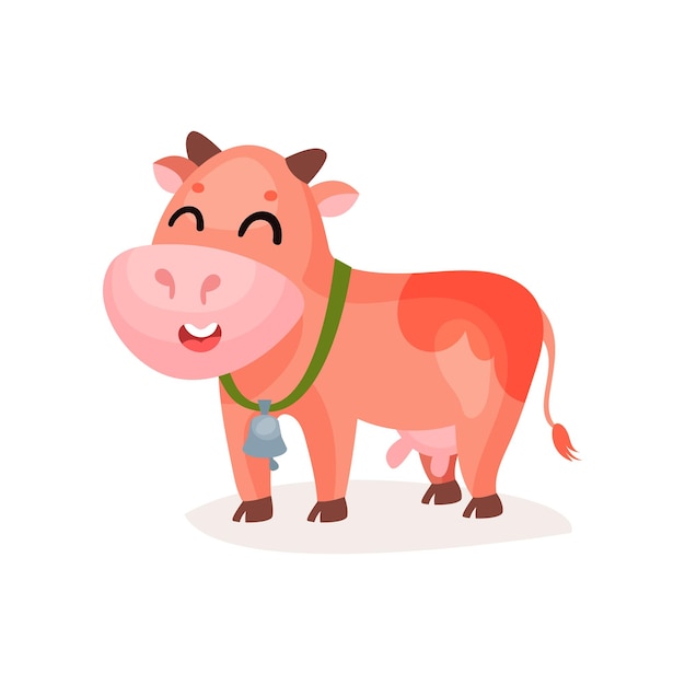 Vaca manchada sorridente engraçada com sino em seu pescoço ilustração vetorial de desenho animado sobre um fundo branco