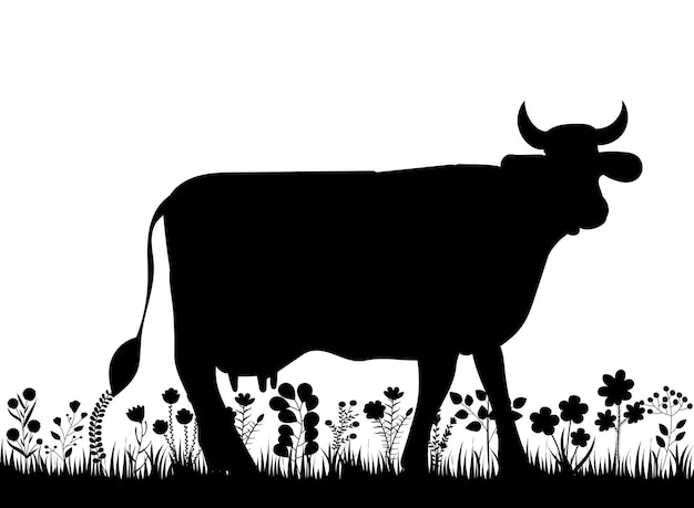 Vaca no vetor isolado da silhueta preta da grama