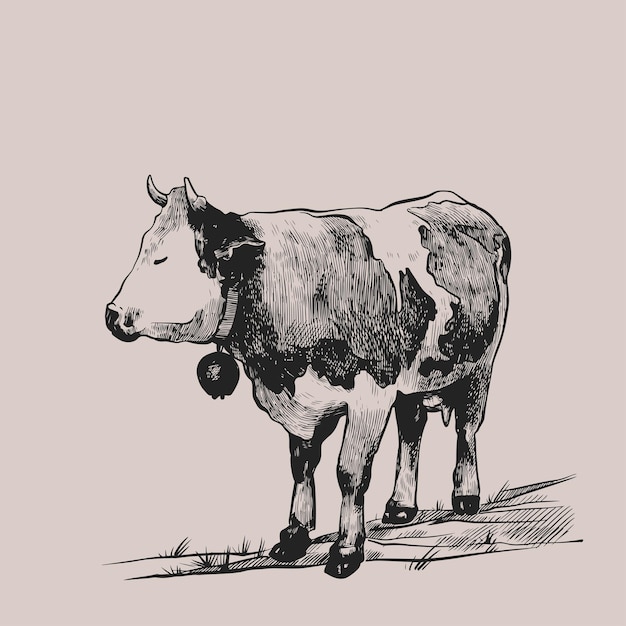 Vaca pastando no prado mão desenhada em um estilo gráfico ilustração em vetor vintage gravura