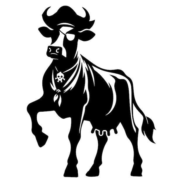 Vetor vaca pirata com um patch ilustração vetorial em preto e branco