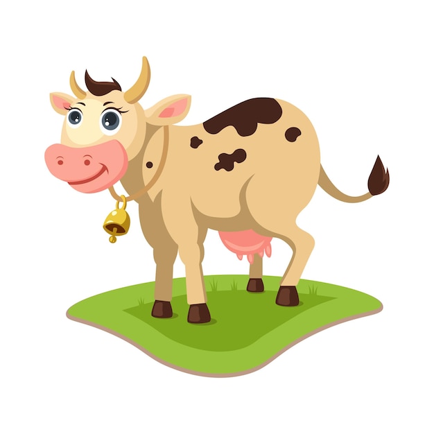 Vaca usando um sino na ilustração vetorial dos desenhos animados do prado