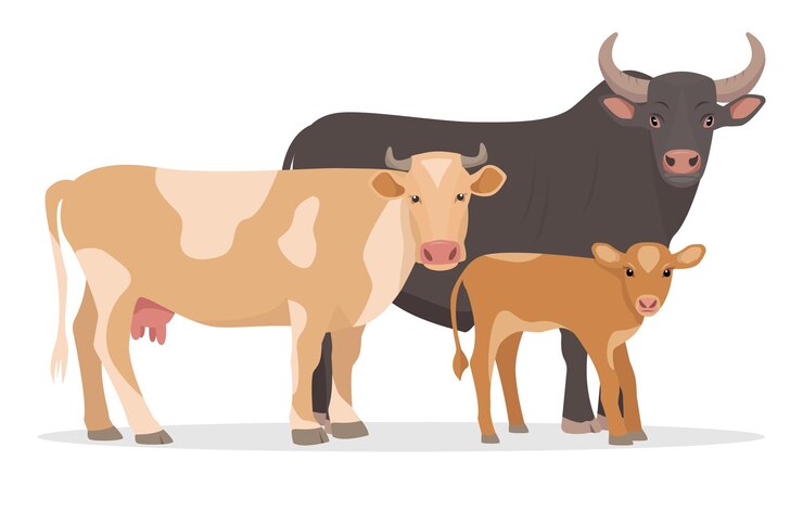 Vetor vaca vermelha com bezerro e touro preto vaca bebê com mãe e pai família de fazendas de gado de raças de gado