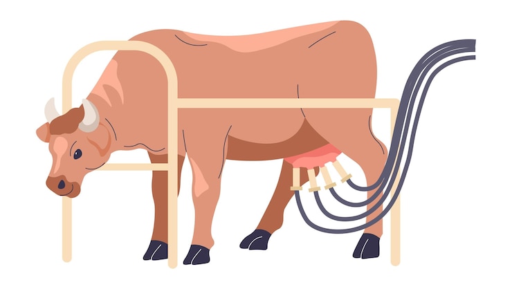 Vetor vacas com máquina para ordenhar vetor de agricultura