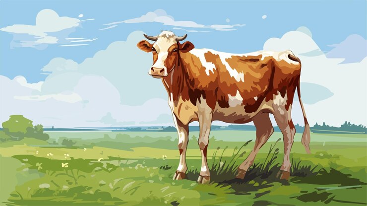 Vetor vacas manchadas pastando em um prado verde exuberante sob um céu azul claro em um dia ensolarado