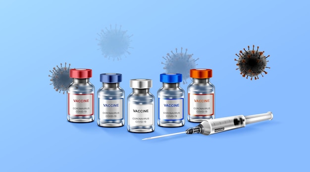 Vetor vacina contra coronavírus tratamento de imunização frasco de vacina e ferramenta de injeção de seringa para covid 19